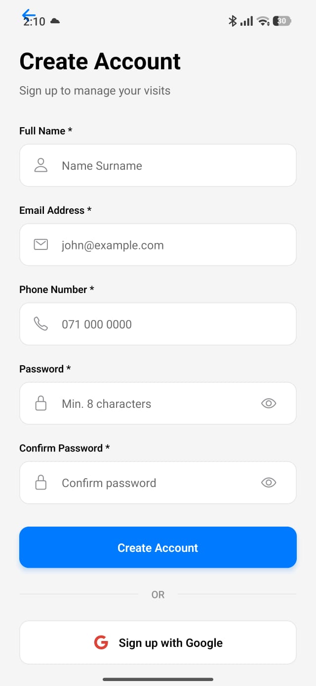 Create Account form