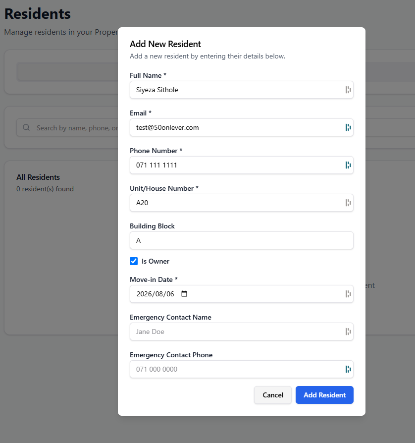 Add New Resident form