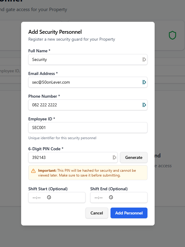 Add Security Personnel form