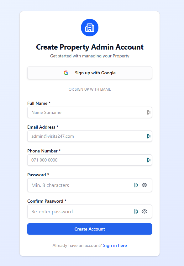 Create Property Admin Account