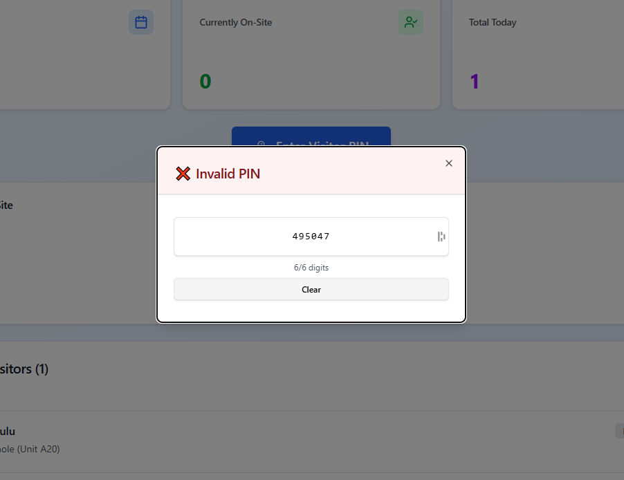 Invalid PIN message