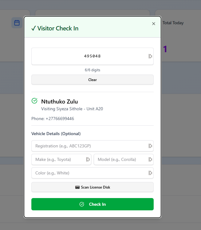 Valid PIN - Visitor Check In